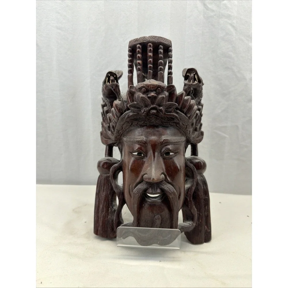 Vtg Asian Chinese Deity Carved Wood Emperor Wall Mask Carving Dragons 12x8.25